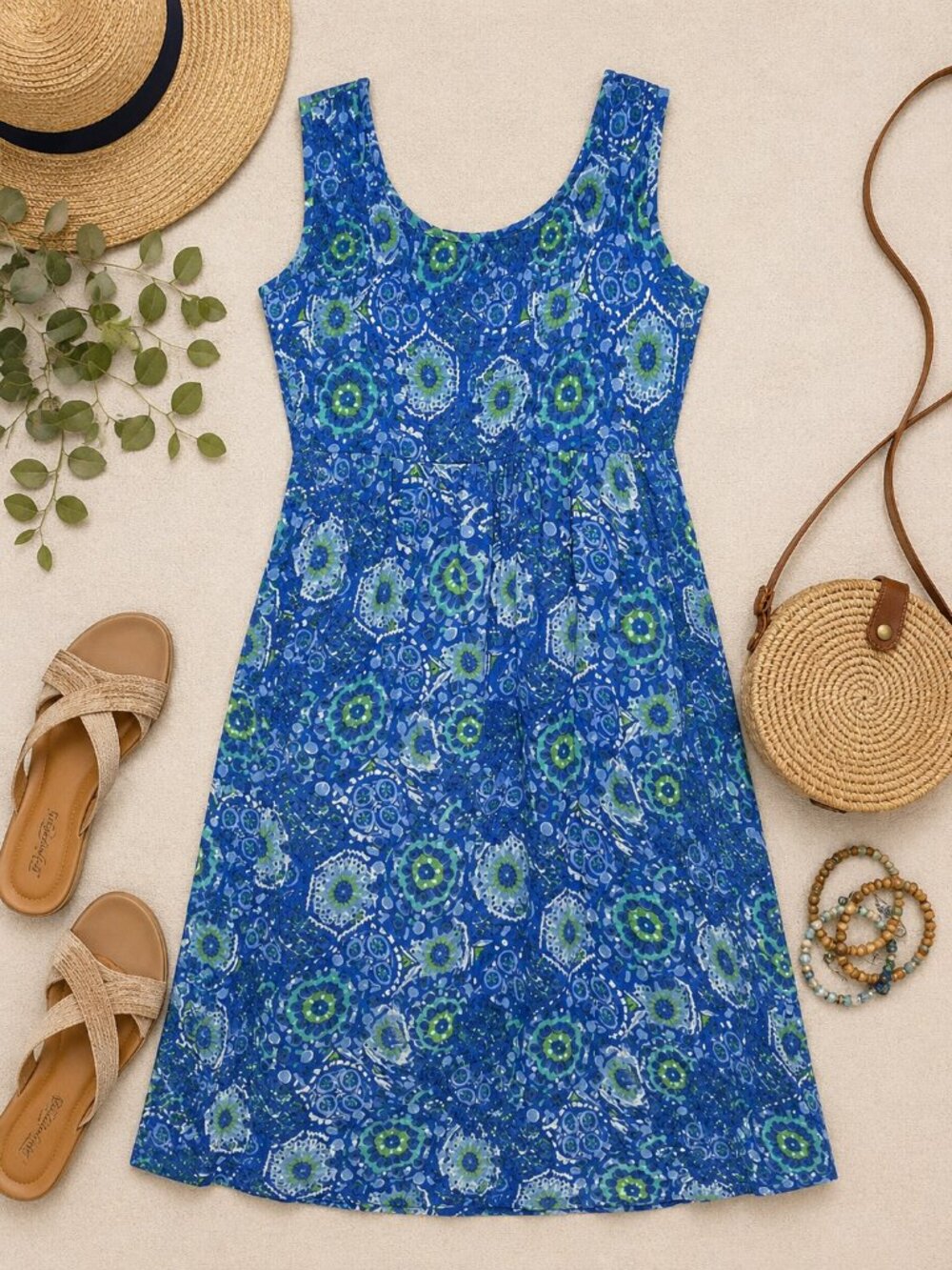 Jane Ashley Blue Green Floral Cotton Midi Dress Size XL Boho Summer